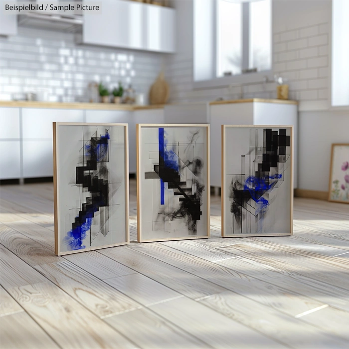 Three abstract paintings with black and blue geometric designs, displayed in a modern kitchen setting.