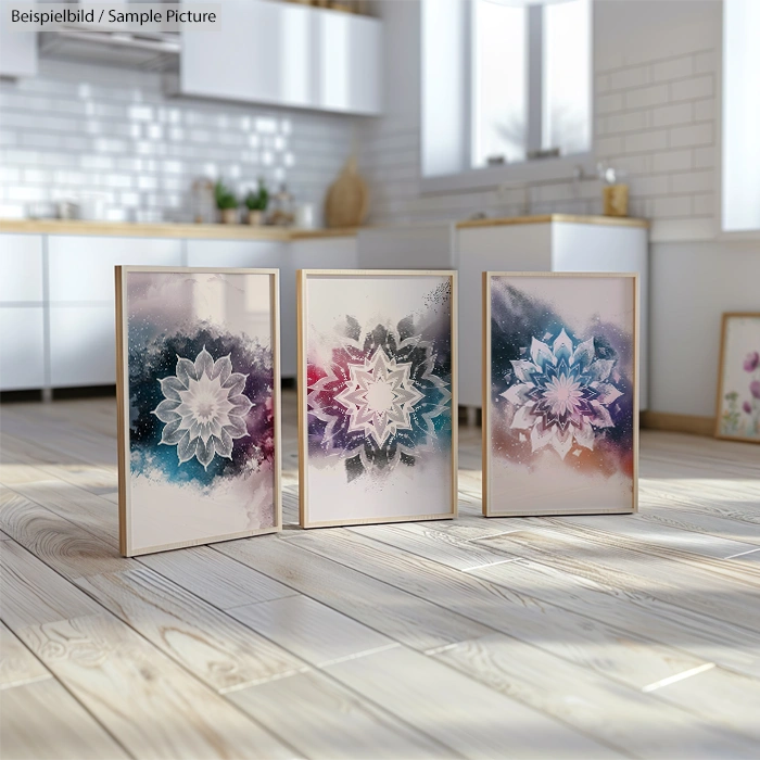 Three framed geometric art pieces with star patterns on a wooden floor in a bright kitchen.