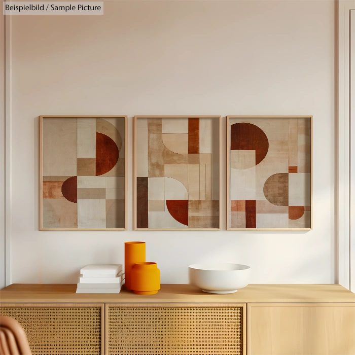 Minimalist living room with geometric artwork, wooden sideboard, orange vase, and white bowl.