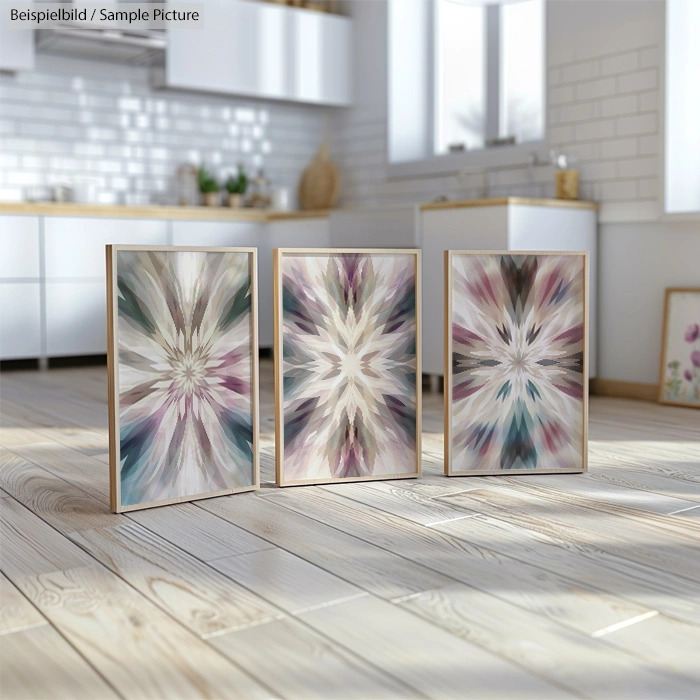 Three abstract paintings with symmetrical, starburst patterns in pastel colors on a wooden floor in a bright kitchen.