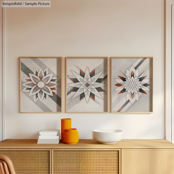 Modern interior with three floral art pieces and decorative vases on a wooden console.