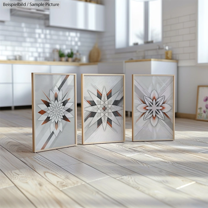 Three framed geometric flower art pieces on wooden floor in modern kitchen with white cabinets and tiles.