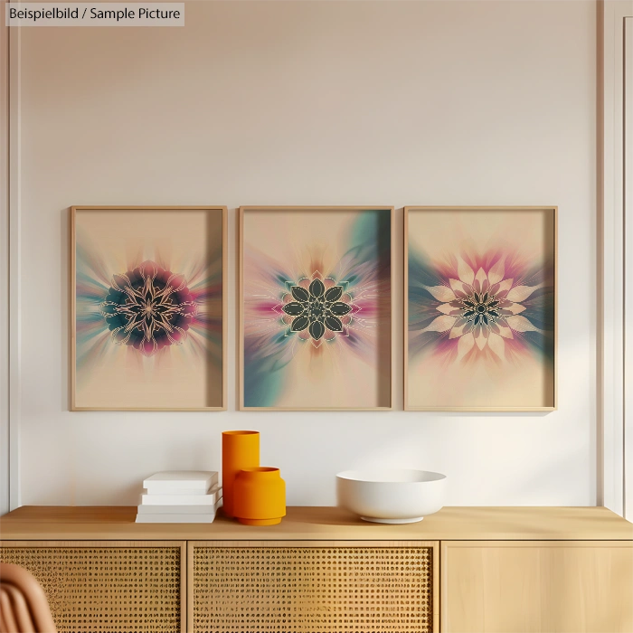 Contemporary art triptych with geometric floral patterns on a wall above a wooden console with orange vases.