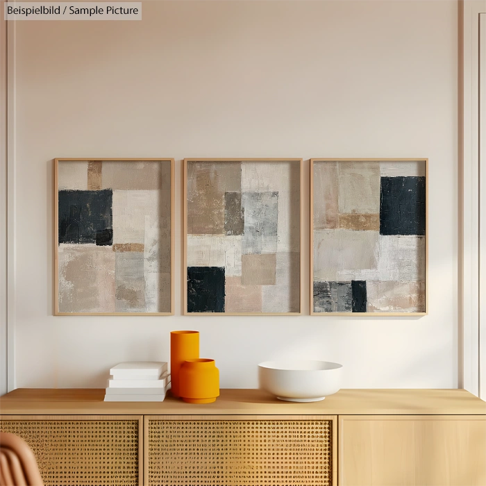 Modern abstract art trio on wall above sideboard with orange vases and books in a neutral-toned room.