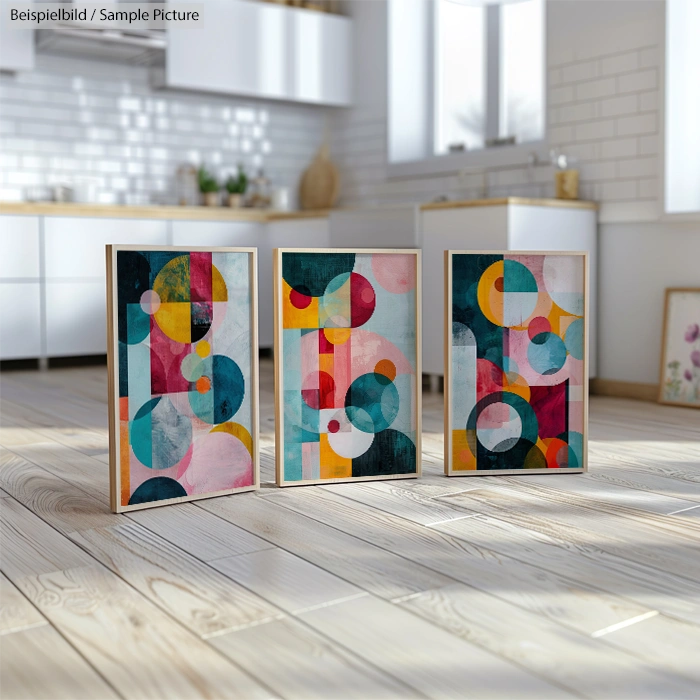 Three framed geometric abstract paintings with colorful circles in a bright, modern kitchen setting.