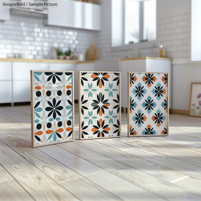 Three framed abstract floral designs in blue, orange, and black on a wooden floor in a bright kitchen setting.