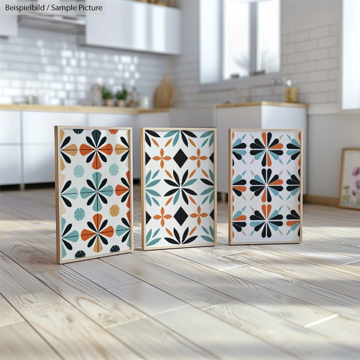 Three framed geometric floral prints on a wooden floor in a bright, modern kitchen.