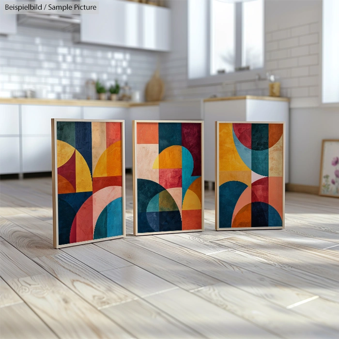 Three abstract geometric paintings with colorful circles and curves displayed on a wooden floor in a bright room.