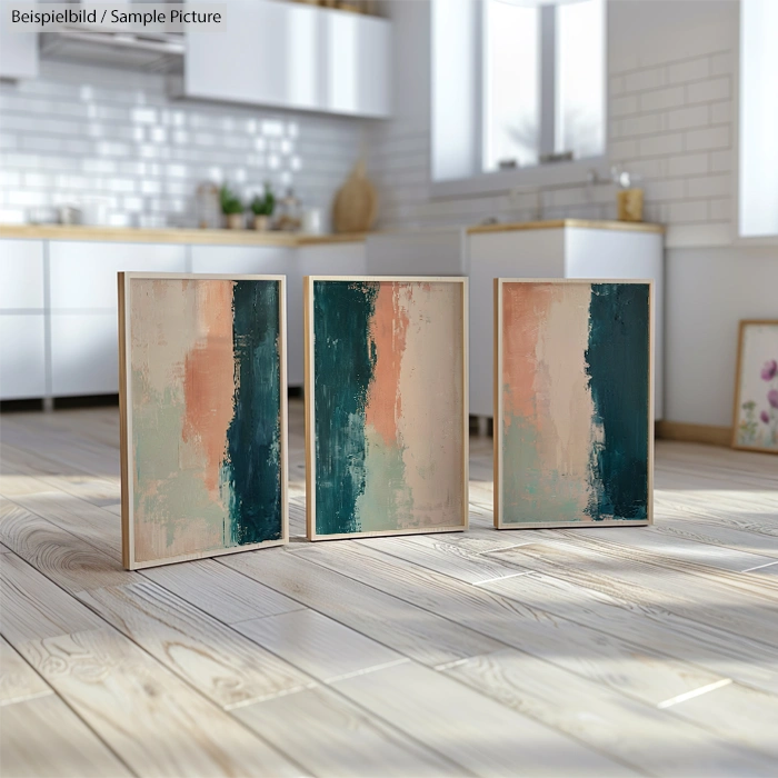 Three abstract paintings with varying shades of teal, peach, and beige on wooden floor in a bright kitchen.