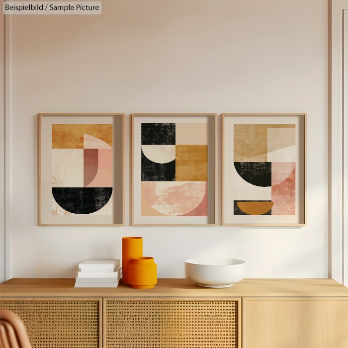 Three framed abstract paintings with geometric shapes in beige, pink, black, and gold tones on a wall above a wooden cabinet.