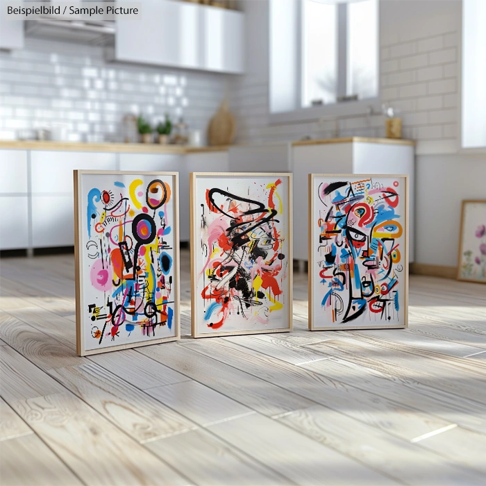 Three abstract paintings with colorful geometric and chaotic patterns displayed in a brightly lit modern kitchen.