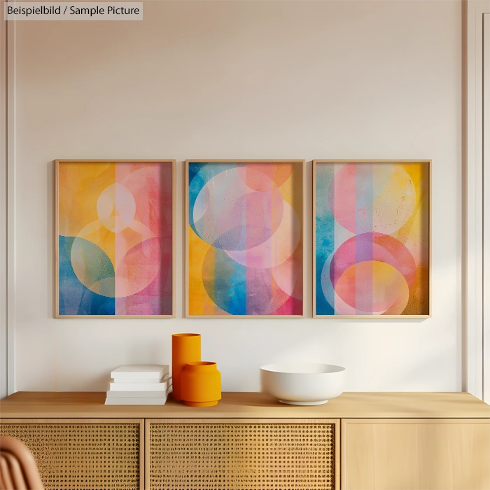 Three framed abstract paintings with colorful geometric shapes on a modern sideboard with decorative objects.