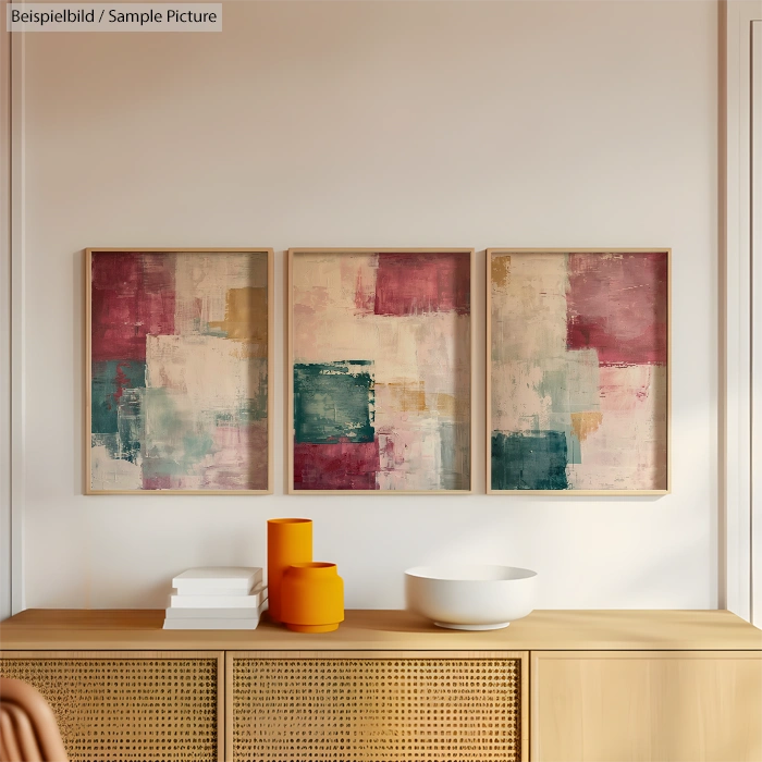 Triptych abstract paintings with red, teal, and beige tones above a wooden sideboard with decorative objects.