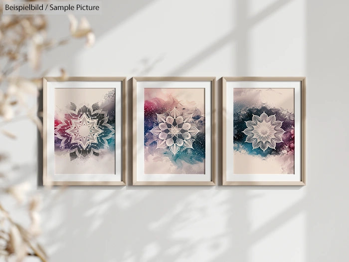 Three framed abstract mandala paintings with colorful backgrounds on a white wall, illuminated by soft natural light.