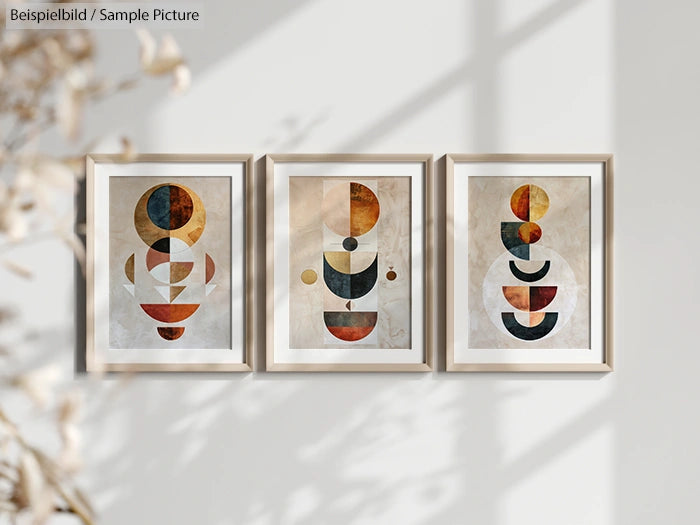 Three framed abstract geometric prints with circles and semicircles in warm tones on a light wall.