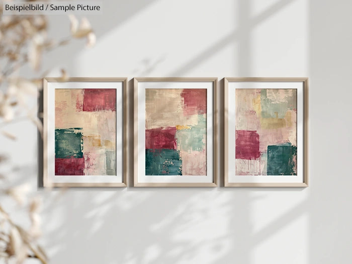 Three abstract paintings with red, pink, green, and beige squares, framed and displayed on a light-colored wall.