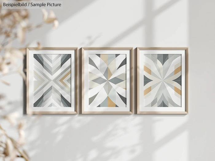 Three abstract geometric art prints in neutral tones, framed and displayed on a wall with subtle shadow effects.