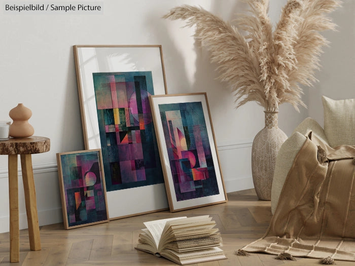 Modern interior with abstract art, dried pampas, and open book on wooden floor.