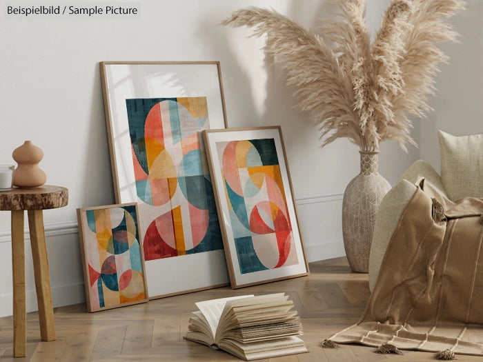 Modern abstract paintings with colorful geometric shapes in frames, surrounded by pampas grass and a cozy living space.