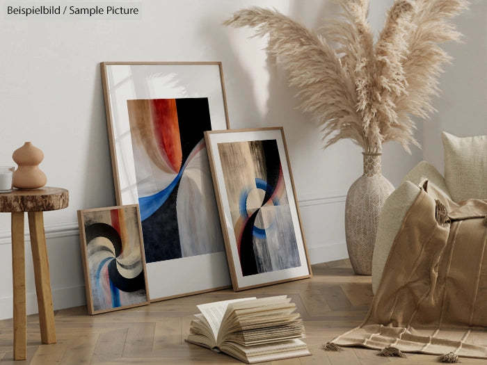 Neutral-toned room with abstract framed art leaning on a wall, featuring curved shapes and soft tones.