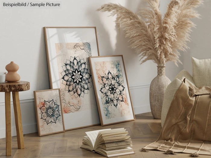 Cozy room with three framed mandala art prints, pampas grass in a vase, and a beige armchair.