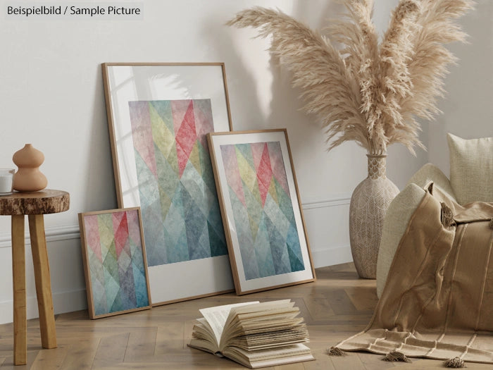 Modern living room with geometric artwork, pampas grass, and neutral decor elements on wooden floor.