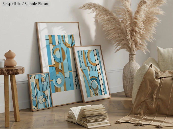 Modern living room with abstract blue and brown wall art, pampas grass in a vase, and stylish furniture.