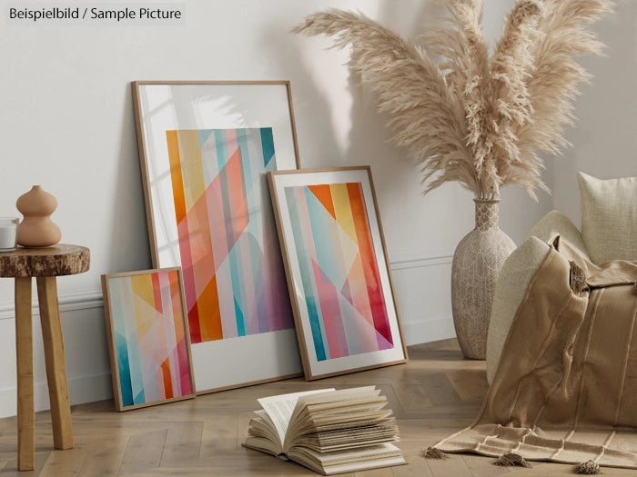 Abstract geometric art in frames on floor, with pampas grass and books, creating a cozy bohemian ambiance.