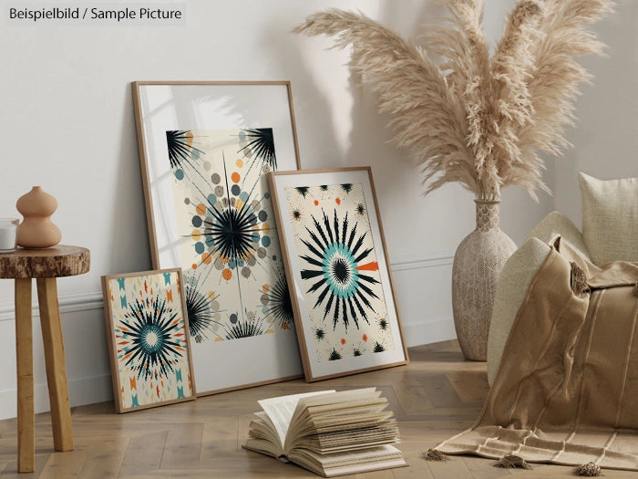 Modern boho living room with framed abstract art, pampas grass, and beige accents on wooden floor.