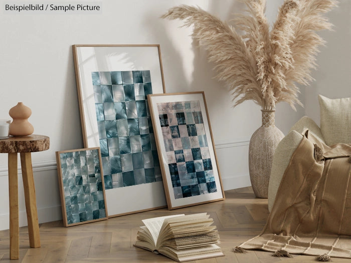 Framed abstract art with blue-gray tones, pampas grass in vase, and beige cushions in a minimalist room.