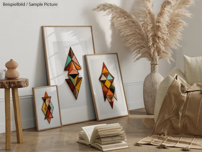 Artistic framed geometric designs with dried pampas grass and neutral decor in a cozy living room setting.