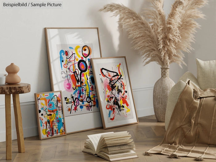 Room with abstract art prints on the floor, pampas grass in a vase, a wooden stool with decor, and a beige pillow.