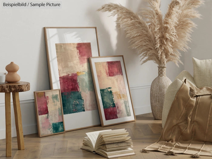 Cozy living room with abstract art and pampas grass decor in neutral tones.