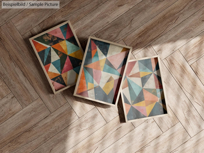 Three colorful geometric pattern posters on a wooden floor.