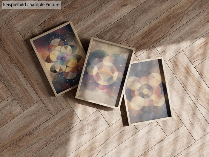 Three abstract geometric artworks in frames on a wooden herringbone floor.