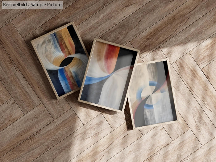 Three abstract paintings with curved lines in wood frames on a wooden floor, featuring blue, red, and beige tones.