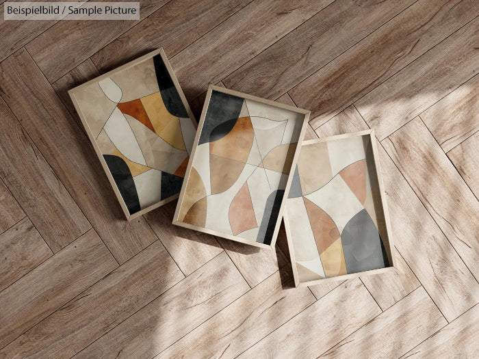 Three framed abstract art pieces with geometric shapes on a wooden herringbone floor.