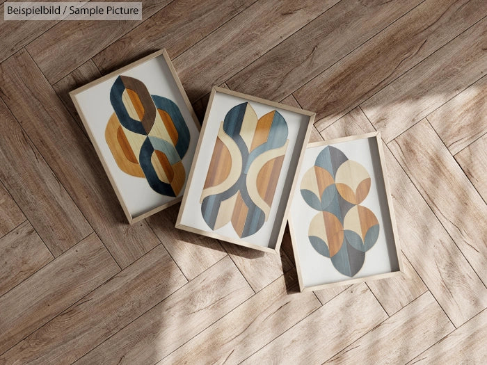 Three abstract geometric artworks on wooden floor in frames with blue, beige, and brown designs.