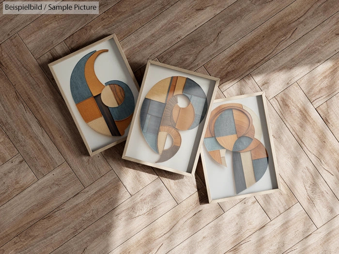 Three abstract art pieces with geometric shapes in wood frames on a patterned wooden floor.