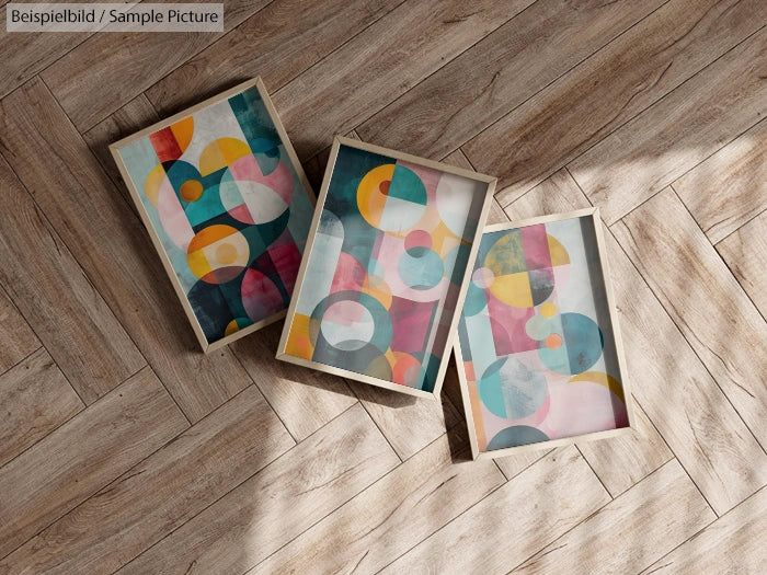 Three framed abstract paintings with colorful geometric shapes on a wooden floor.