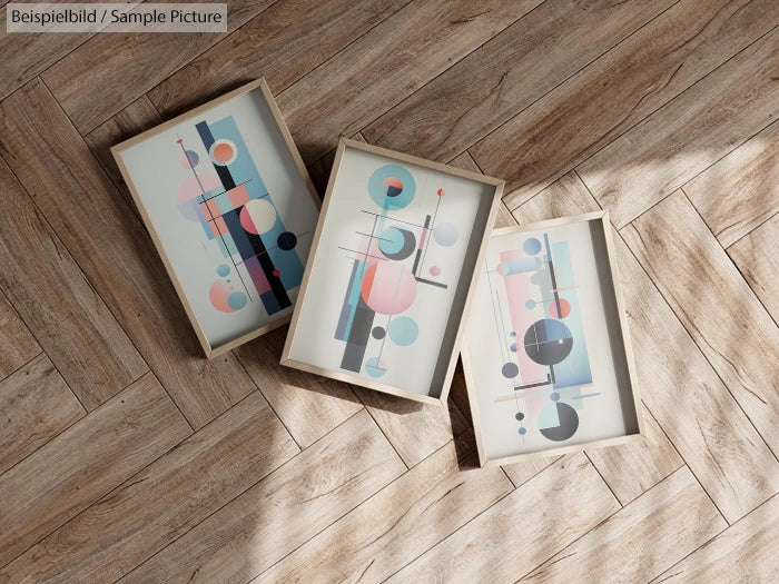 Abstract geometric art prints with circles and lines on wooden floor tiles.