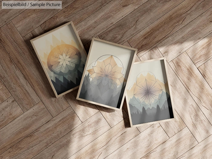 Three abstract geometric artwork frames on a wooden floor, displaying overlapping circles and triangular shapes.