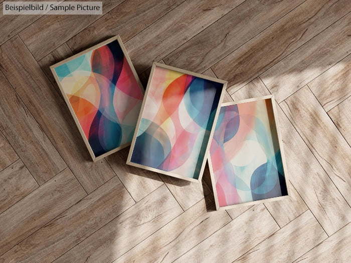 Three framed abstract paintings with colorful swirls on a wooden floor.