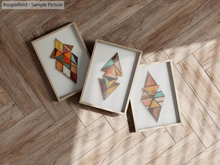 Three framed abstract art pieces on a wooden floor in sunlight.