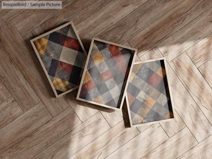 Three framed abstract plaid artworks on a wooden herringbone floor.