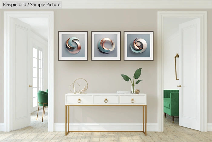 Elegant living room with modern art and white console table. Three abstract paintings adorn the wall above the table.