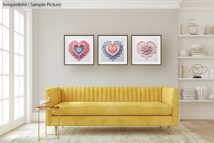 Living room with yellow sofa and three heart-shaped artworks on the wall.