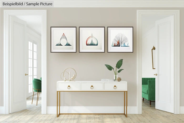 Modern living room with white console table, abstract art on wall, and green armchairs flanking a central door.