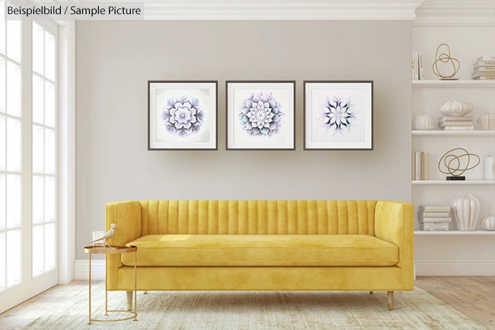 Modern living room with yellow sofa, beige walls, and framed floral art.