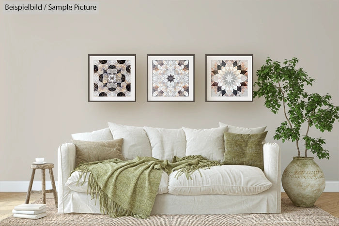 Cozy living room with beige sofa, green cushions, throws, three framed mandala art pieces, and a large leafy plant.